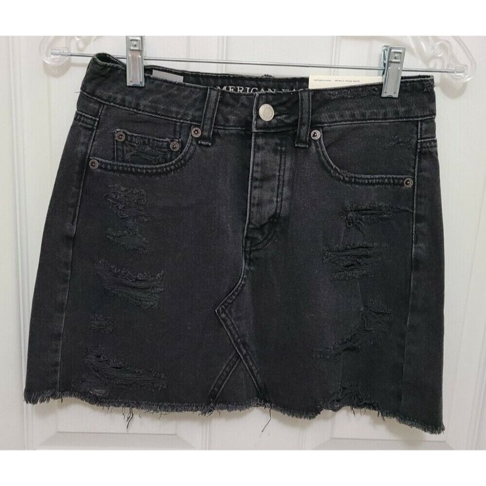 NEW American Eagle Womens Vintage Hi Rise Denim Mini Skirt Black Distressed Sz 0